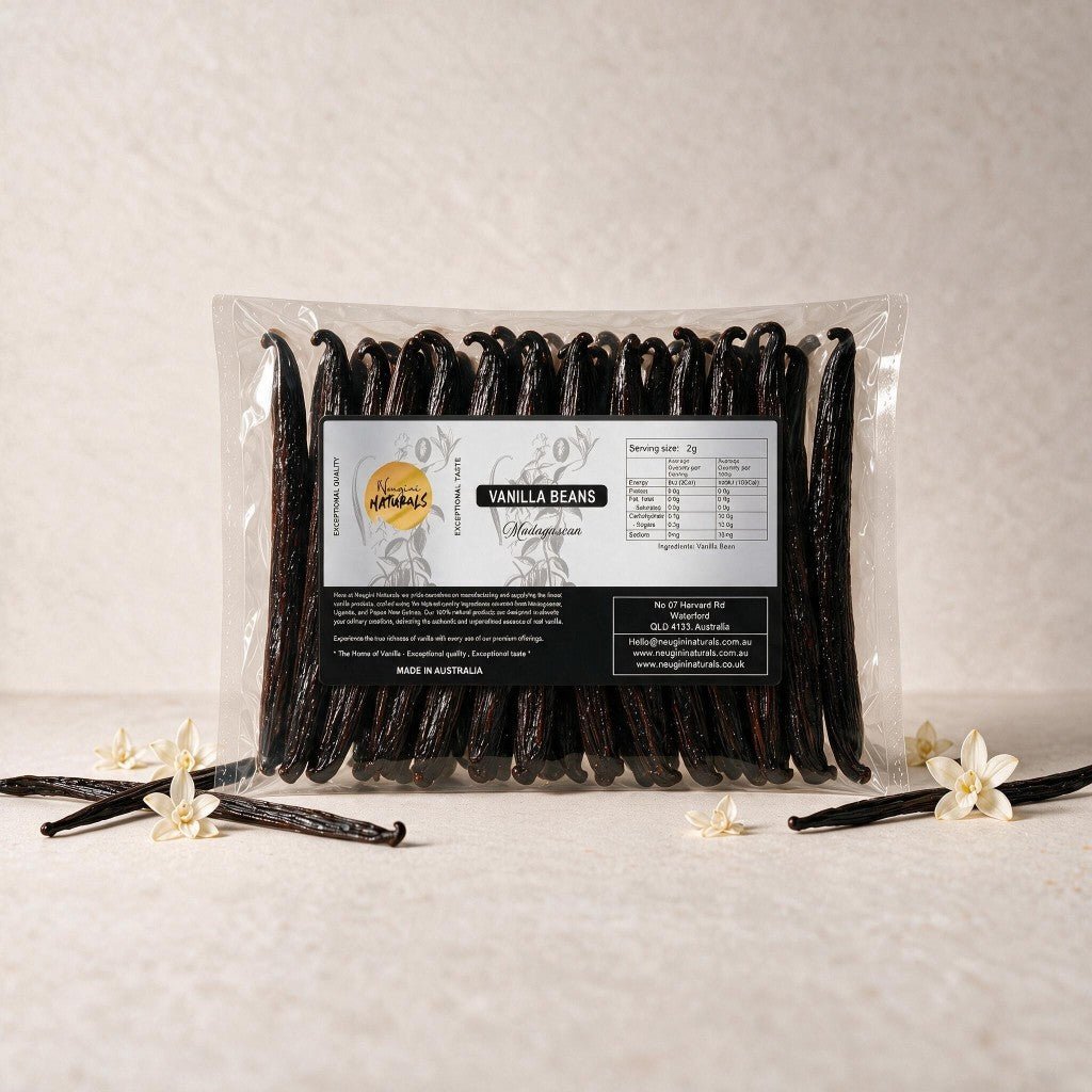 Grade A Madagascar vanilla beans — whole pods showing rich dark colour and plump vanilla caviar, by Neugini Naturals