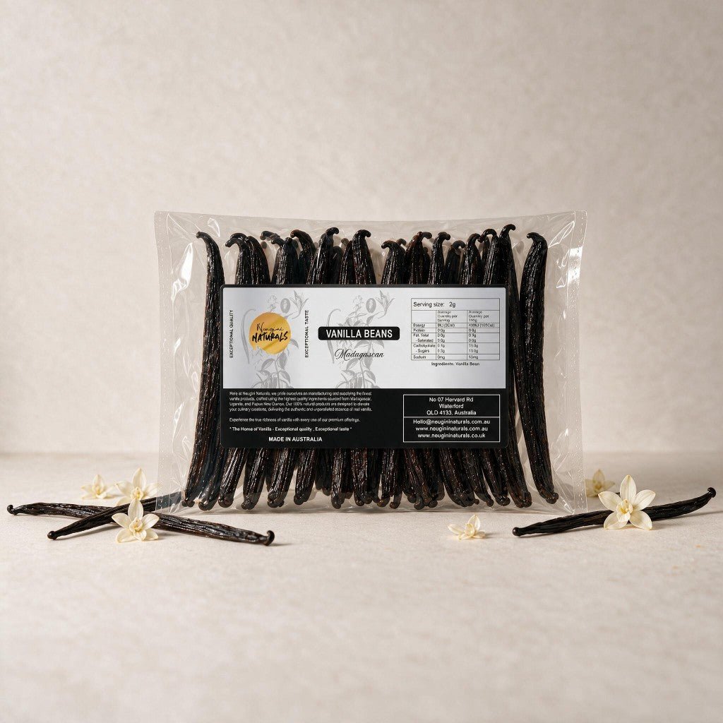 Madagascan Grade B vanilla beans from Neugini Naturals — whole dried pods ideal for homemade vanilla extract and baking