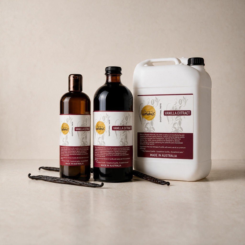 Neugini Naturals non-alcoholic vanilla extract bottle showing ingredient label with fresh vanilla pods and palm-free glycerine