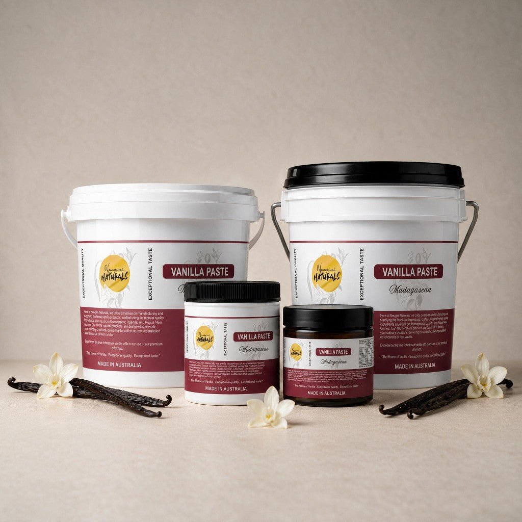 Neugini Naturals Madagascan Vanilla Bean Paste jar showing thick paste with visible vanilla seeds