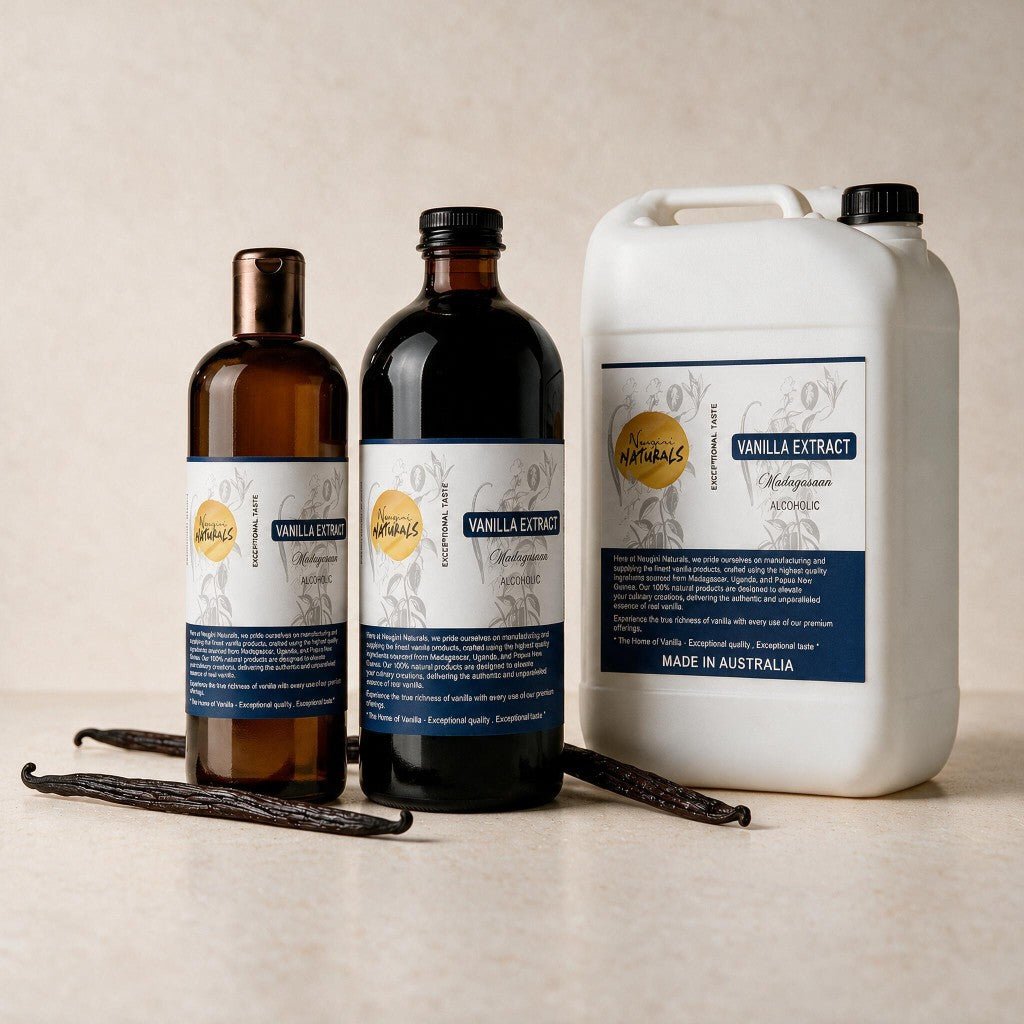 Neugini Naturals Madagascan Vanilla Extract bottle — alcoholic liquid vanilla extract made with 100g/L fresh vanilla pods