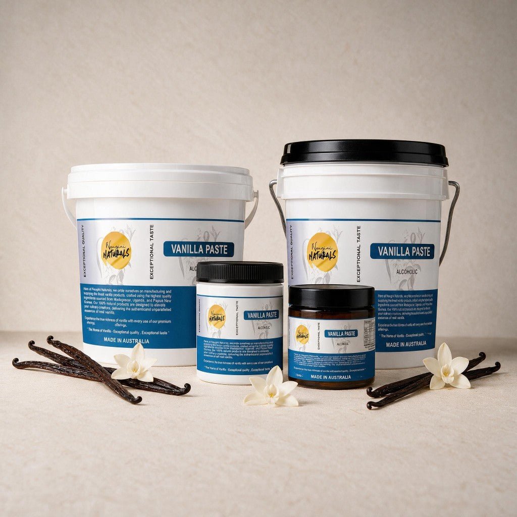 Neugini Naturals Vanilla Bean Paste jar showing thick paste with visible vanilla seeds