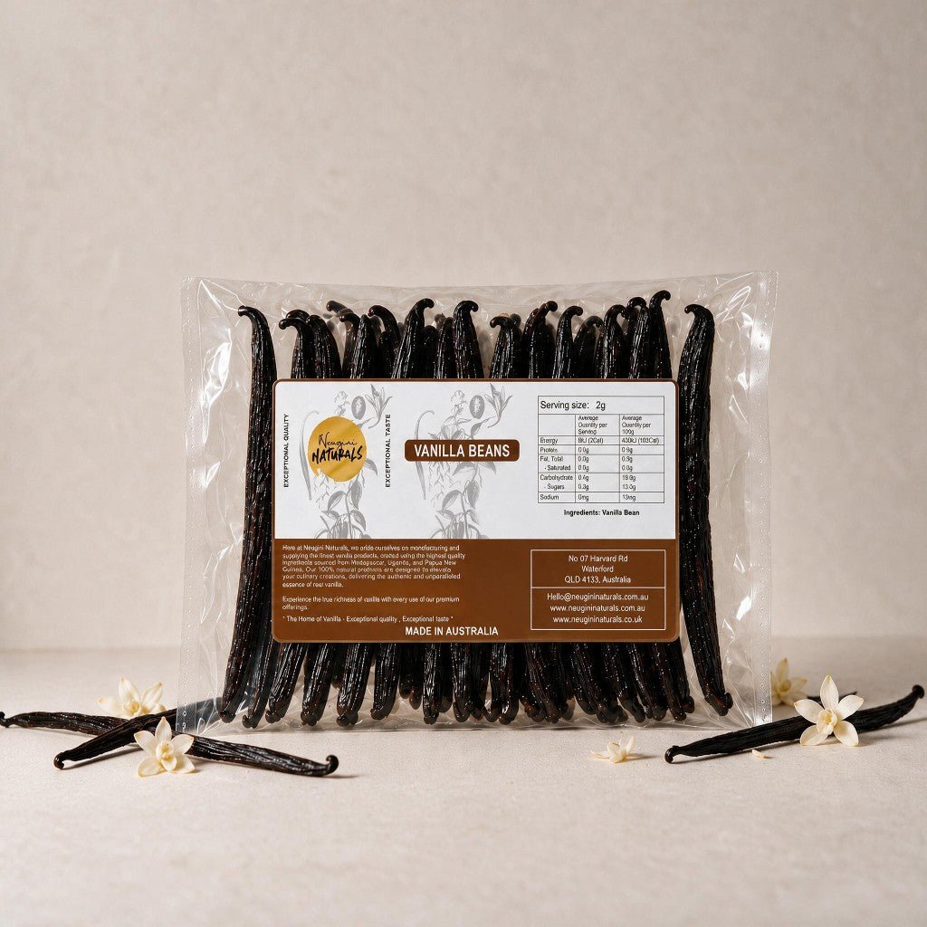 Neugini Naturals Grade B whole vanilla beans from Madagascar, Papua New Guinea and Uganda, showing dark brown dried pods