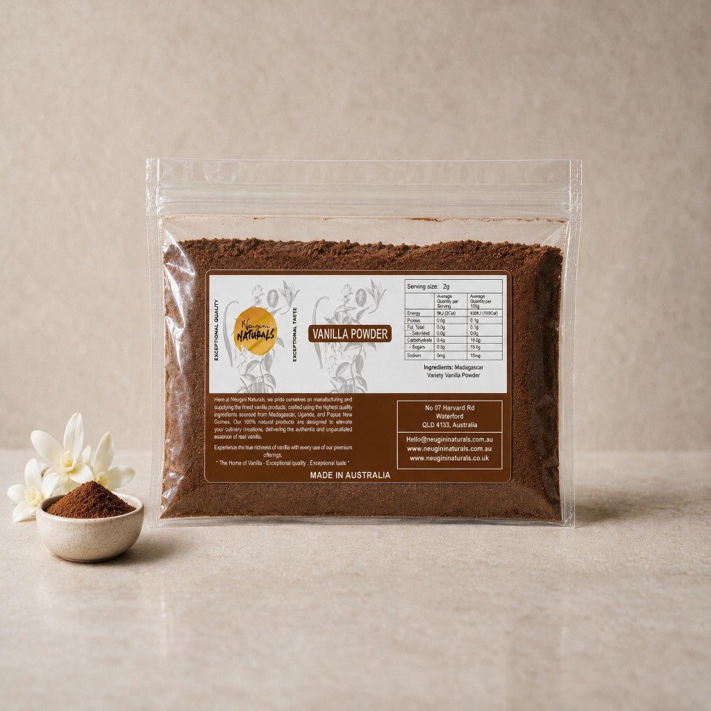 Neugini Naturals Grade A Vanilla Powder in a sealed jar, showing fine ground vanilla pod texture